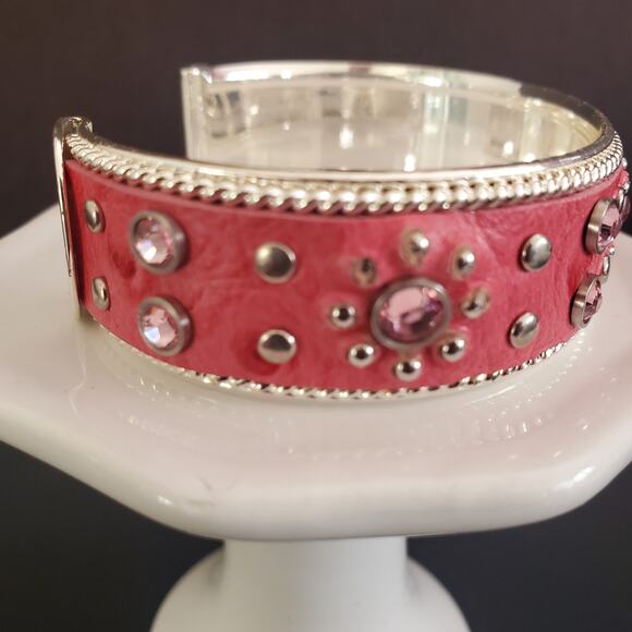 Pink and Silver Tone Cuff Bracelet with Faux Leather and Rhinestone Accents - Picture 8 of 9